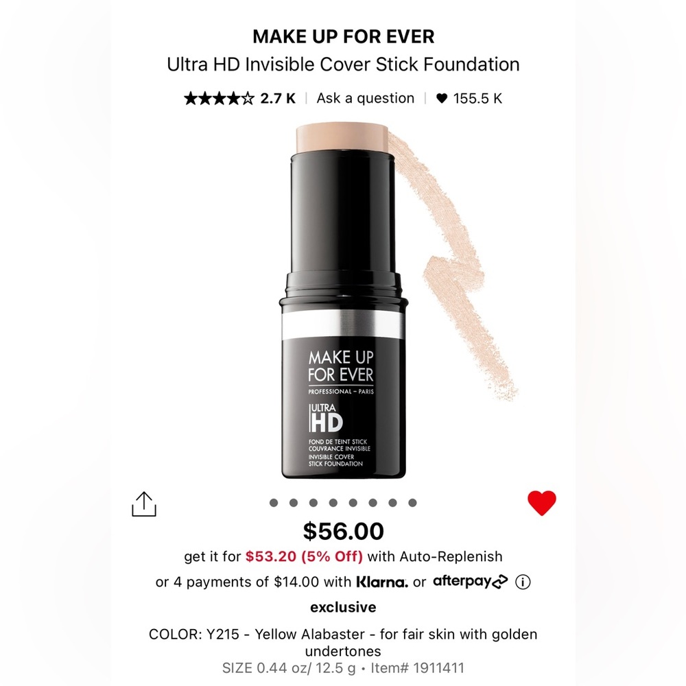 MAKE UP FOR EVER Ultra HD Invisible Cover Stick Foundation - Y215